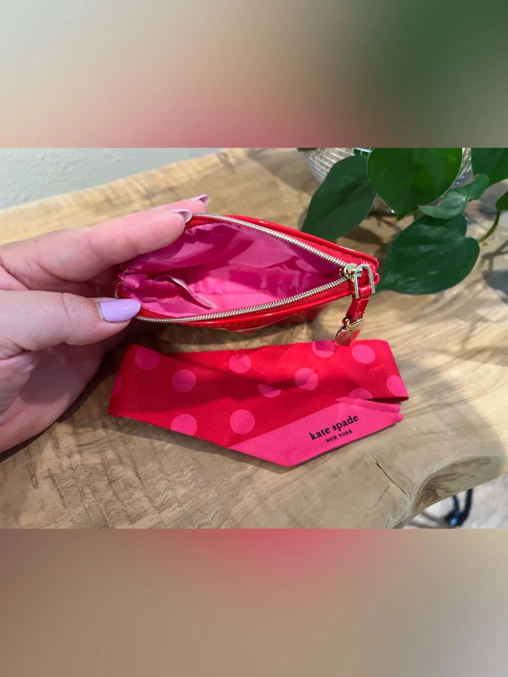 Kate Spade Red Patent Coin Purse with Polka Dot Scarf